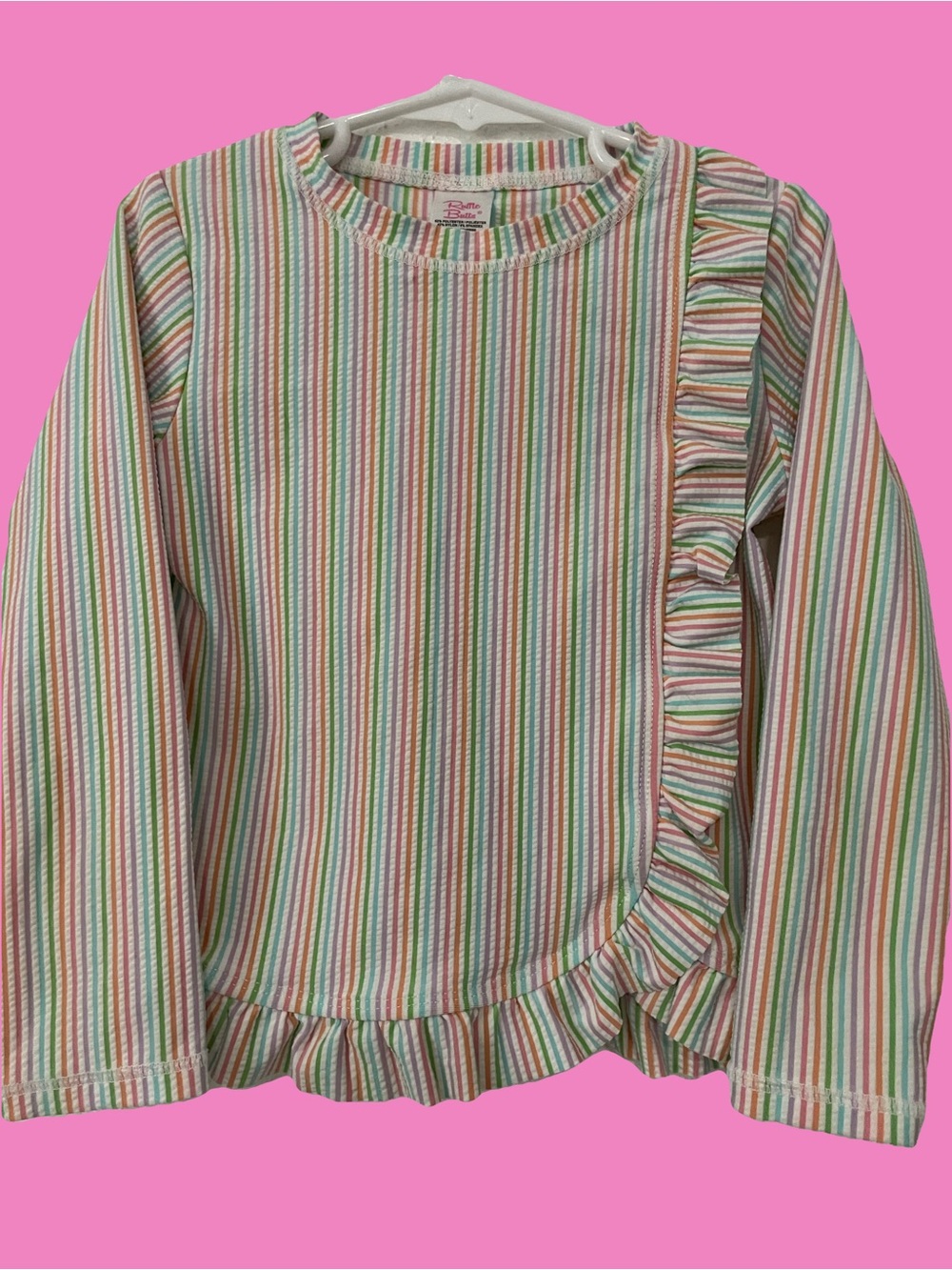 Ruffle Butts Pastel Rainbow Stripe Long Sleeve Ruffle Top